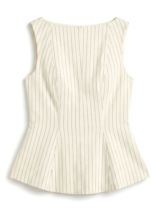 Women's Cotton Sleeveless Striped Ecru-Black Blouse