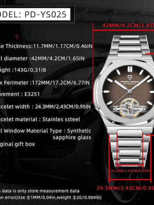 Pagani Design Ceas Barbatesc 42mm Automat cu Brățară Metalică Argintie