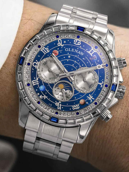 Glenaw Ceas Barbatesc 43mm Automat cu Brățară din Metal Argintie