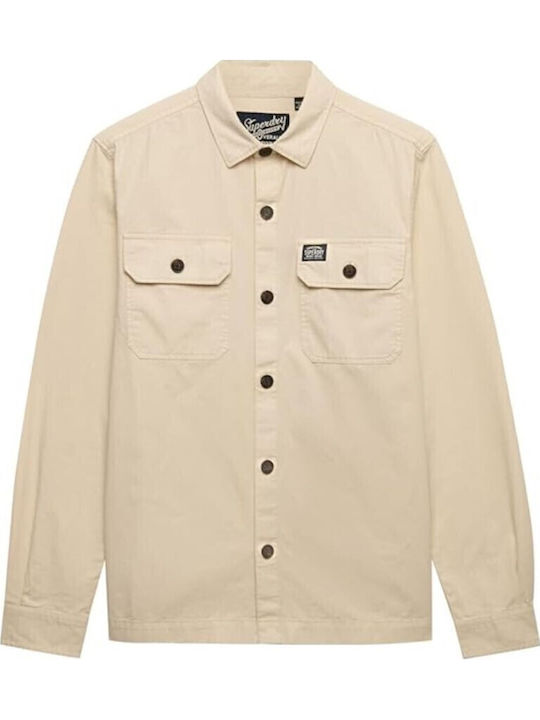 Long Sleeve Cotton Overshirt in Wide Fit Oatmeal-beige