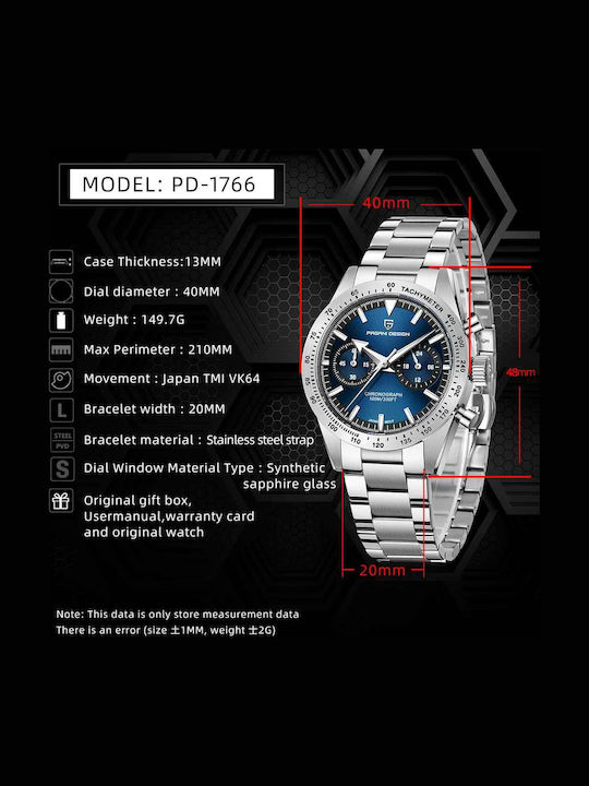 Pagani Design Ceas Barbatesc 40mm Cronograf cu Baterie cu Brățară Metalică Argintie