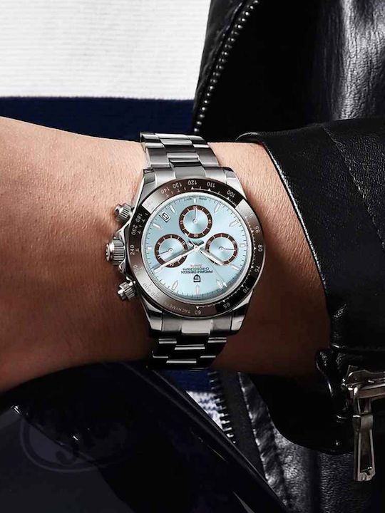 Pagani Design Ceas Barbatesc 40mm Cronograf cu Baterie cu Brățară Metalică Argintie