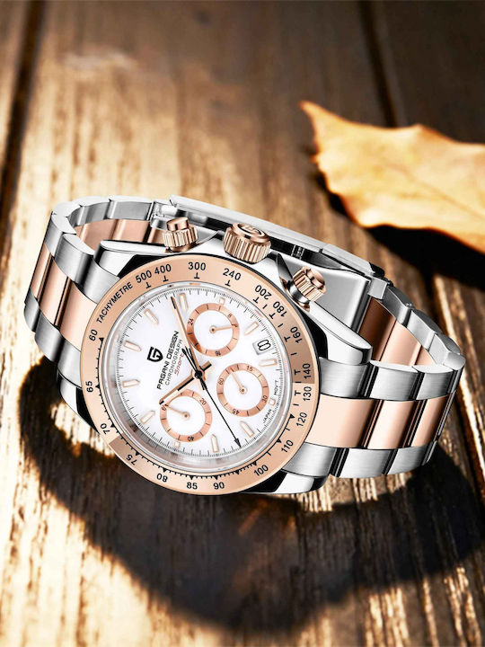 Pagani Design Ceas Barbatesc 40mm Cronograf cu Baterie cu Brățară Metalică Argintie