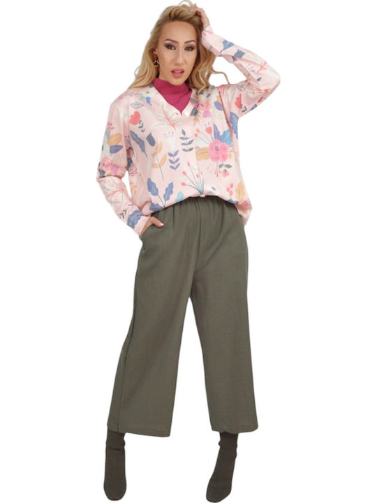 Damen Stoffhose mit Gummiband in Gerader Bein Stil Khaki