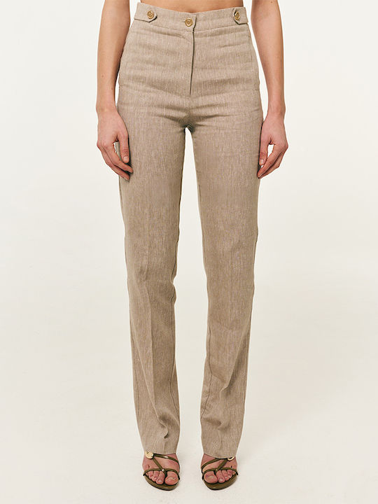 Damen Hochbund Leinen Hose in Gerader Bein Stil Beige