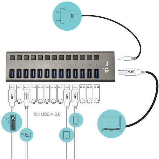 i-tec USB-Hub 13 Anschlüsse USB 3.0 mit USB-A Anschluss Grau