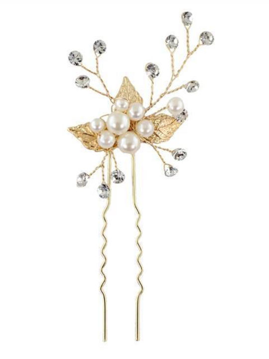 Hair Accessory Clip Model Leaves Crystals Pearls Gold