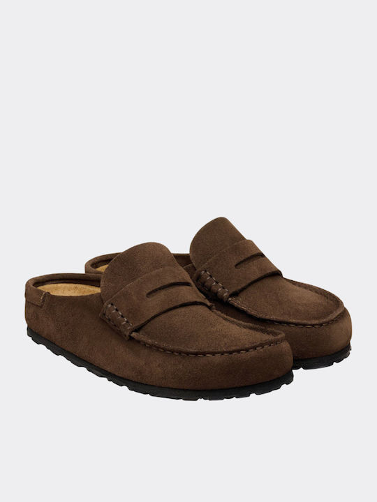 Leather Mules with Heel in Brown Colour