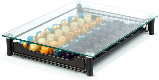 Suport Capsule Cafea Nespresso 60 Capsule Sertar Metalic Blat Sticlă Negru Mat Organizator Espresso
