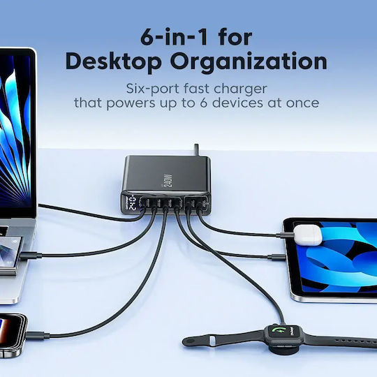 Tech-Protect GaN Handyladegerät mit 2 USB-A Ausgangsanschlüsse und 4 USB-C Ausgangsanschlüsse 240W Stromlieferung / Schnellladetechnologie 3.0 in Schwarz Farbe (DC240W-GAN)