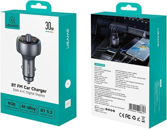 Usams Auto-Ladegerät 30W mit Anschlüssen: 1xUSB 1xType-C und FM-Sender