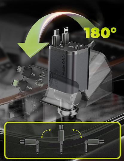 Mobile Origin Car Charger 50W 3A Fast Charging with Ports 1xUSB 1xType-C with Lightning / Type-C Cable Gray Color