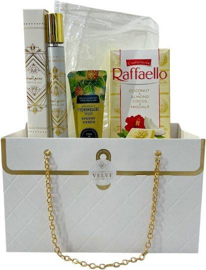Set Premium Luxury Alb Eșarfă din Mătase Albă Parfum Badee Al Oud 35 Ml Cremă de Mâini Raffaello În Cutie Cadou Stil Geantă
