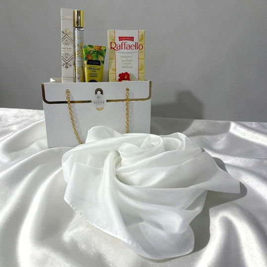 Set Premium Luxury Alb Eșarfă din Mătase Albă Parfum Badee Al Oud 35 Ml Cremă de Mâini Raffaello În Cutie Cadou Stil Geantă