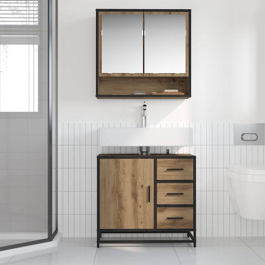 vidaXL Badezimmer Waschtisch-Einheit mit Waschbecken, Spiegel und Spalte M65xB33xH60cm Artisan Eiche
