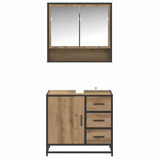 vidaXL Badezimmer Waschtisch-Einheit mit Waschbecken, Spiegel und Spalte M65xB33xH60cm Artisan Eiche