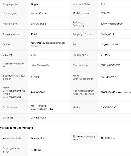 Reine Sinuswelle Wechselrichter Leistung 3000W mit Nenn-Eingangsspannung 24V Einphasig 5908123457245