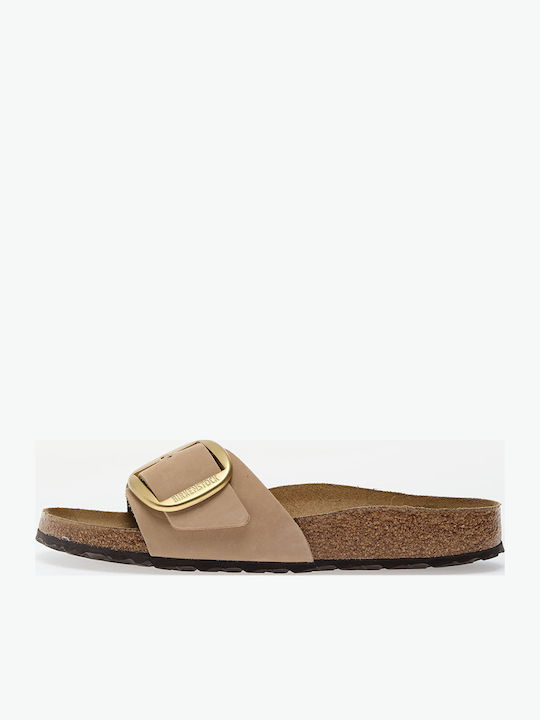 Madrid Big Buckle Leather Women's Flat Sandals in Beige Color Narrow Fit