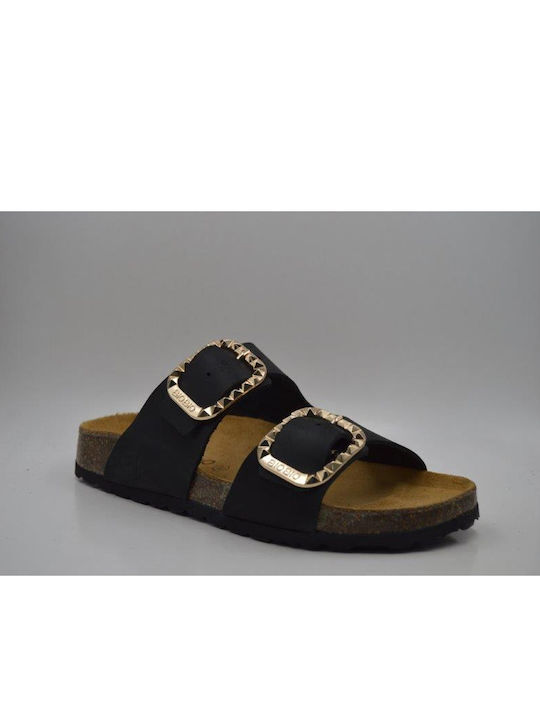 Leather Women's Flat Sandals in Black Color