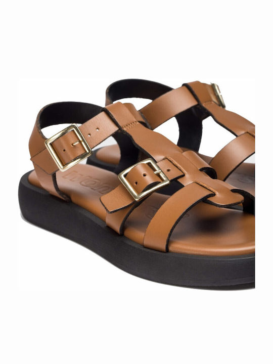 Δερμάτινα Γυναικεία Σανδάλια Flatforms Καφέ