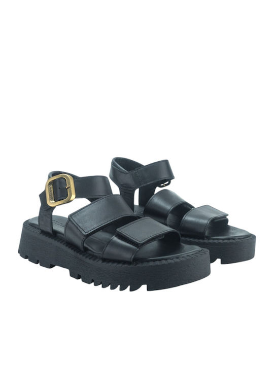 Δερμάτινα Γυναικεία Σανδάλια Flatforms Μαύρα