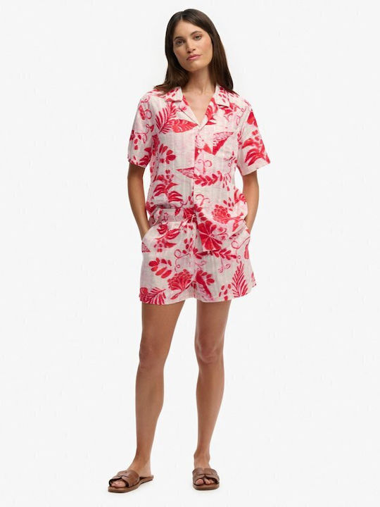 Shirt Shirt Short Sleeve Women's Denim Shirt Ikat Floral Red