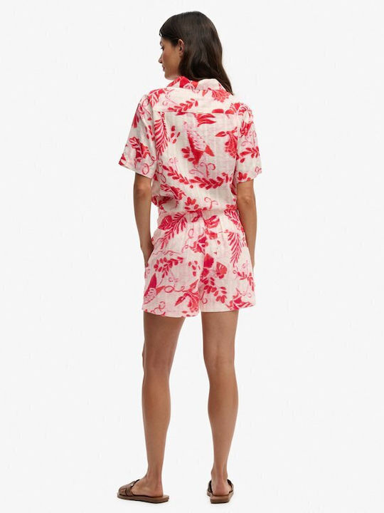 Shirt Shirt Short Sleeve Women's Denim Shirt Ikat Floral Red