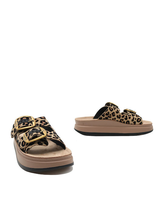 Zefi Leather Women's Flat Sandals Anatomic Flatforms Leopard velvet