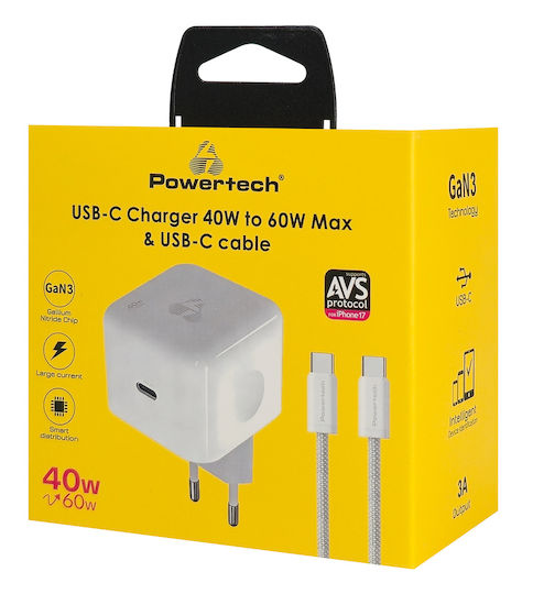 Powertech Φορτιστής GaN με Θύρα USB-C και Καλώδιο USB-C - USB-C 60W Power Delivery / Quick Charge 3.0 Λευκός (PT-1581)