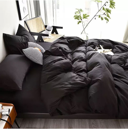 SteweHome Cotton Duvet Cover Set 200x220cm Double With 2 Pillowcases Black