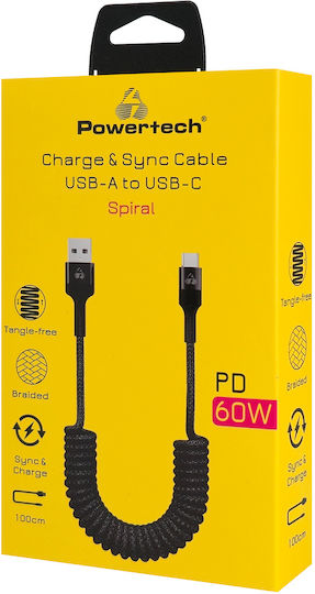 Powertech Spirale USB 2.0 Kabel USB-C männlich - USB-C 60W PD Schwarz 1m PTR-0197
