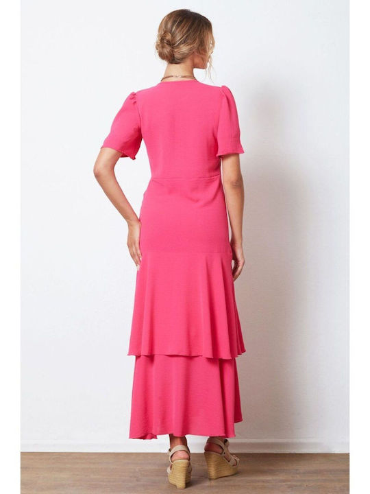 Sommer Maxi Kleid Wickel mit Rüschen Fuchsia