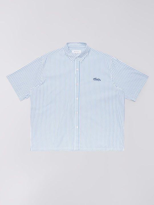 Short Sleeve Denim Shirt in Wide Line Striped White/Blue