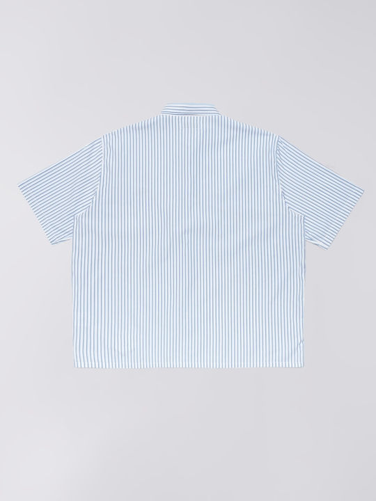 Short Sleeve Denim Shirt in Wide Line Striped White/Blue