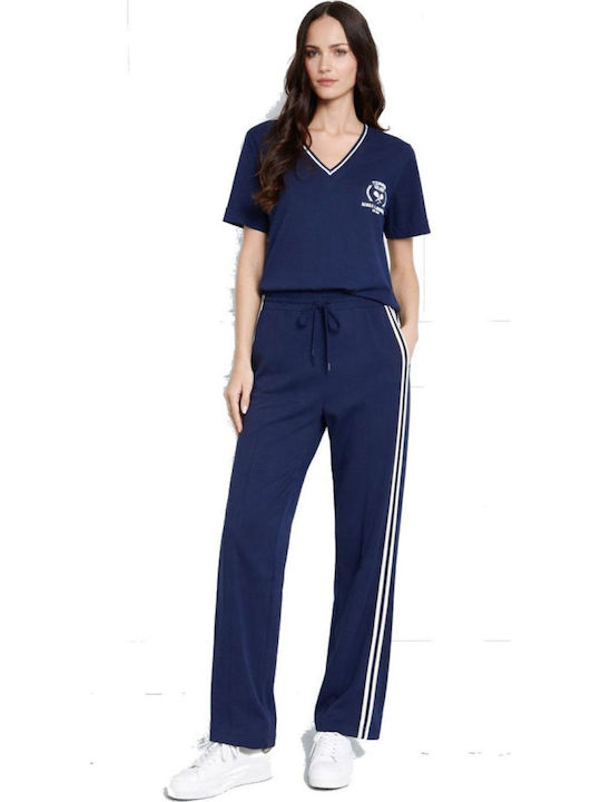 Women's Fabric Trousers in Loose Fit Striped Blue