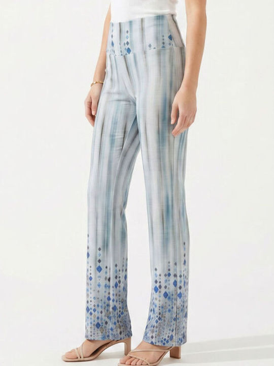 Women's Fabric Trousers with Rubber Band in Straight Leg Style Blue