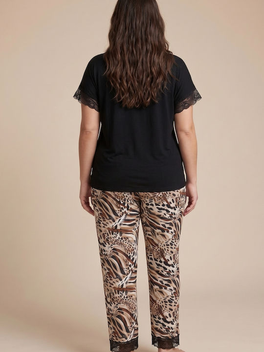 Siyah Inci Set Pijamale Dama de Vară Leopard