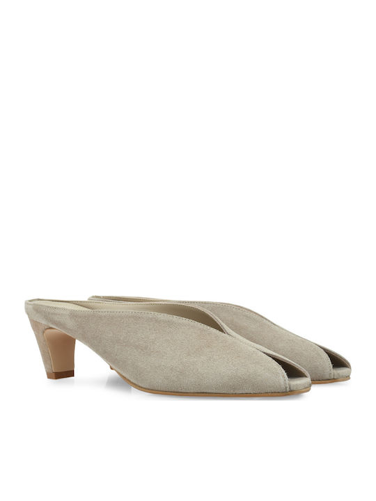Suede Mules με Χαμηλό Τακούνι σε Μπεζ Χρώμα