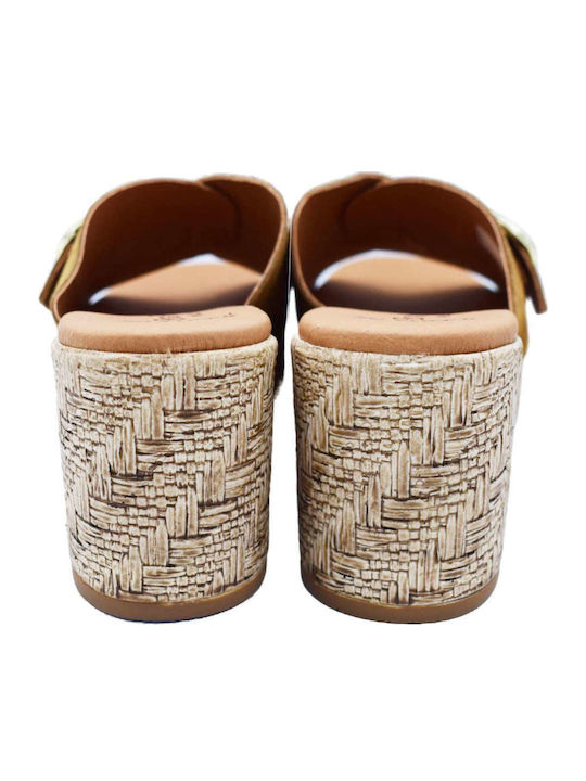 Leather Mules with Heel in Tabac Brown Colour