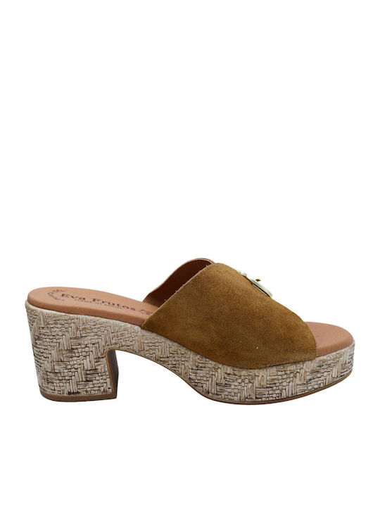 Leather Mules with Heel in Tabac Brown Colour