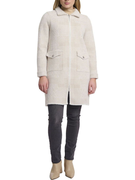 Women's Checked Ecru Coat with Zipper