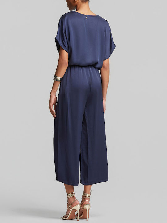 Women's Satin Capri Trousers with Rubber Band in Straight Leg Blue