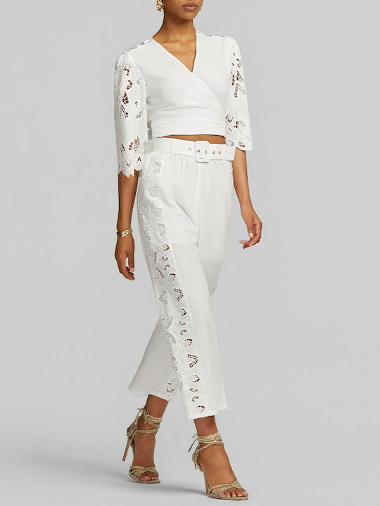 Women's High Rise Fabric Trousers White
