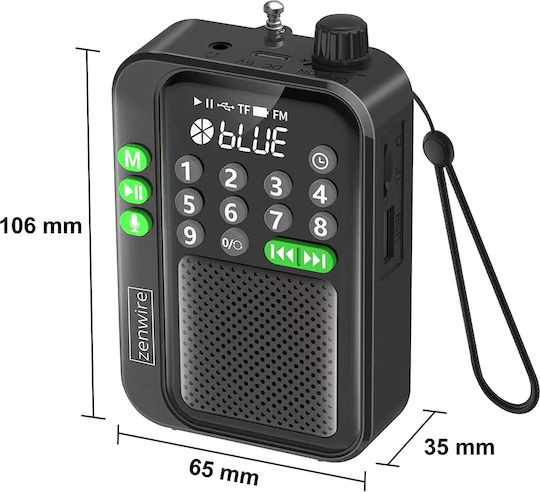 Zenwire Y1 Φορητό Ραδιόφωνο Επαναφορτιζόμενο με Bluetooth και USB Μαύρο