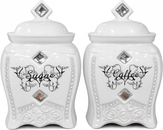 Set of 2 White Brown Sugar Storage Jars Ceramic Lid 11x12cm Royal Diamond Galifas