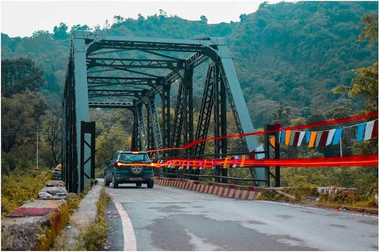 Painting Car Crossing Bridge In Scenic Landscape Bridge Crossing Car Picturesque Landscape 65x40