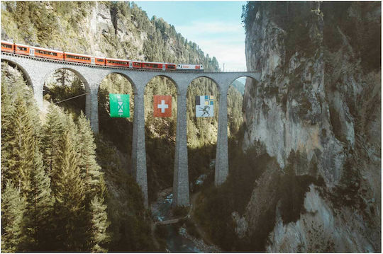 Painting Train On Viaduct In Alpine Landscape Train On Viaduct Alpine Landscape 150x100