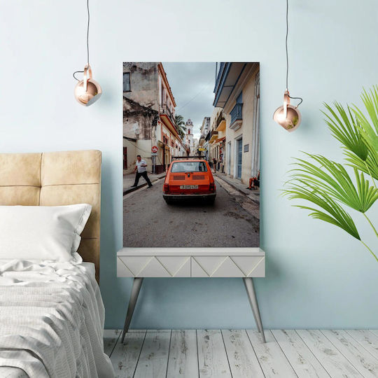 Orange Car On A Vintage Street Πορτοκαλί Αυτοκίνητο Σε Μια Vintage Οδό σε Καμβά