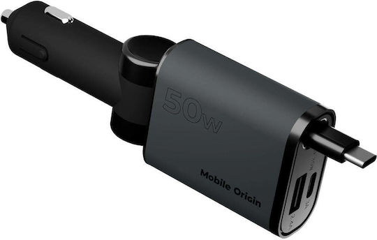 Mobile Origin CA27 Φορτιστής Αυτοκινήτου 50W 3A Γρήγορης Φόρτισης με Θύρες: 1xUSB 1xType-C μαζί με Καλώδιο Type-C / Ενσωματωμένο Γκρι Χρώμα