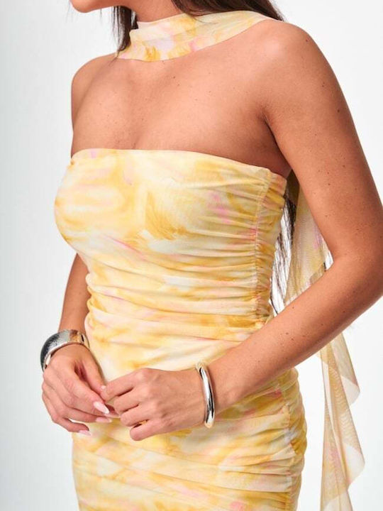 Mini Evening Strapless Dress with Tulle Yellow